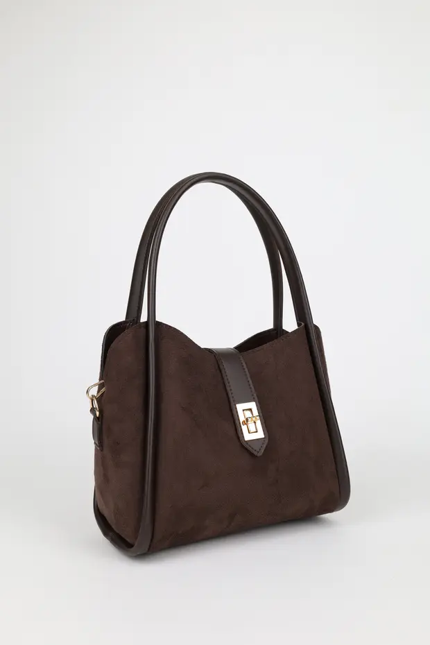 Kadın Süet Kahve Kilit Detaylı Üç Bölmeli Çıkarılabilir Makyaj Çantalı El Ve Omuz Çantası Lemina Kadın Süet Kahve Kilit Detaylı Üç Bölmeli Çıkarılabilir Makyaj Çantalı El Ve Omuz Çantası Lemina